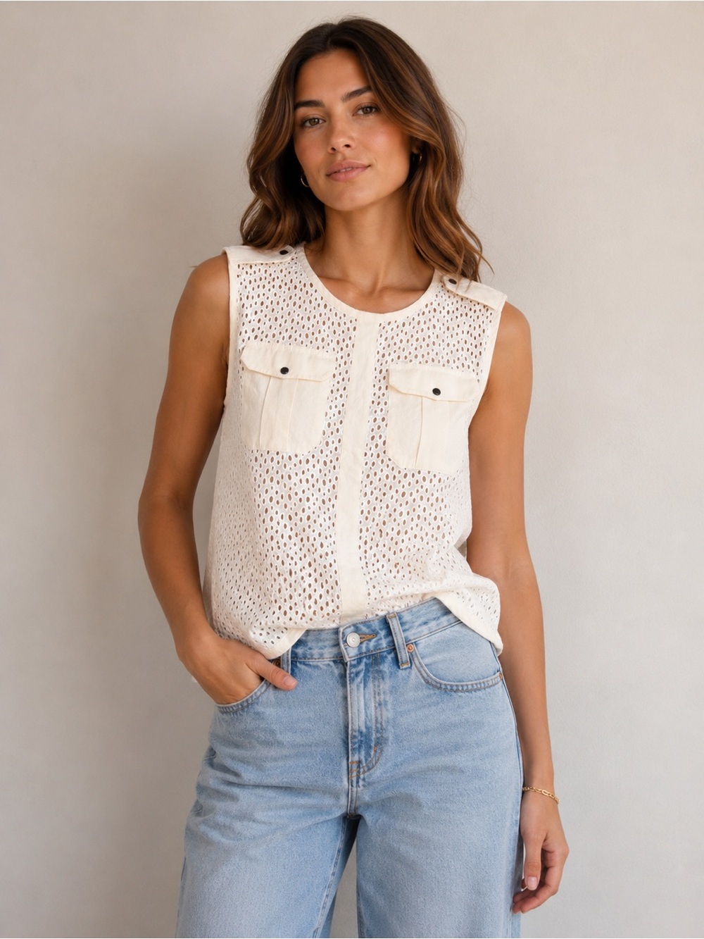 AllSaints Glesni Eyelet Sleeveless Top Size 4 White Broderie Anglaise